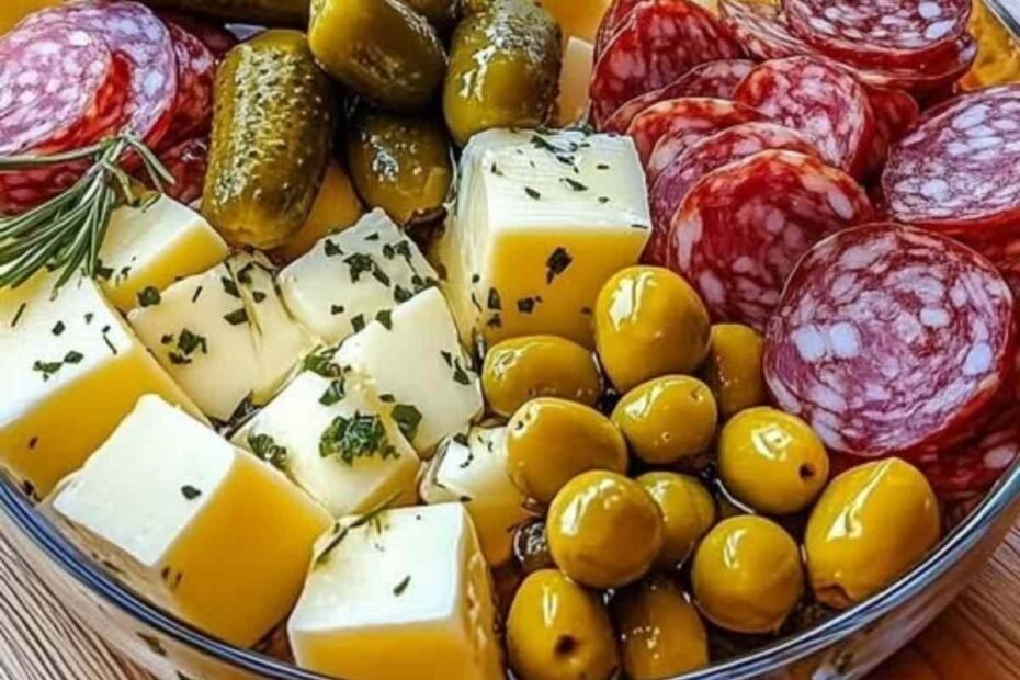 Aperitivo de Salami, Pepinillos y Queso Marinado