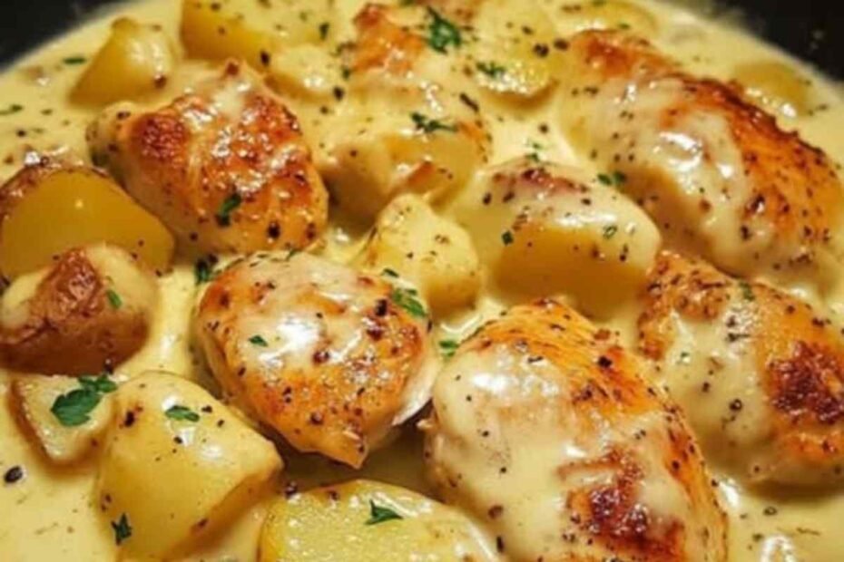 Pollo con patatas en salsa de queso